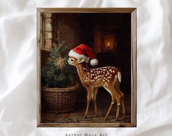 Cuadro al óleo de un cervatillo con gorro de Papá Noel, decoración rústica navideña para casa de campo (descarga digital)