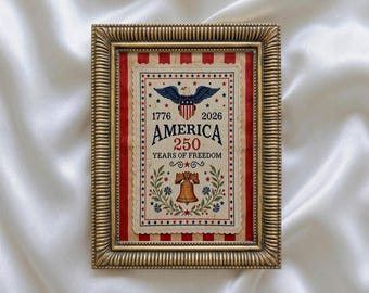 Estados Unidos: 250 años de libertad, lámina decorativa estilo punto de cruz vintage para imprimir, descarga instantánea.