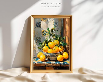 Cuadro decorativo de pared con diseño de limones azules y blancos en un cuenco, estilo pintura al óleo (descarga digital).