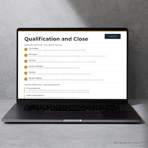 May include: A laptop screen showing a document titled "Qualification and Close." The document includes sections on discovery questions and common objections. The laptop is open on a light grey surface.