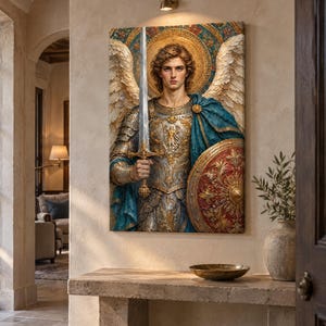 Puede incluir: Una impresión de arte mural rectangular que representa una figura angelical con una armadura de plata ornamentada, sosteniendo una espada larga en posición vertical. La figura tiene grandes alas blancas, un halo dorado y una capa azul, con un escudo redondo.