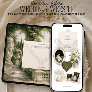 Könnte beinhalten: Eine digitale Hochzeits-Website-Vorlage auf einem Tablet und Smartphone. Der Bildschirm zeigt eine Gartenszene mit einer Statue, einer Umschlag-Grafik und Hochzeitsdetails wie Namen, Fotos, einem herzförmigen RSVP-Button und Blumen.