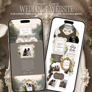 May include: Two smartphones displaying a brown and ivory wedding website Canva template. The screens feature swan imagery, floral accents, photo frames, RSVP forms, and text including "Brown Ivory Wedding Website," "Stephanie & Francis," and "June 22."