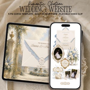 May include: A tablet and smartphone displaying a wedding website template titled Romantic Chateau Wedding Website. The screen shows an envelope with blue lace trim, a gold gate, floral arrangements, and photos of a couple in formal attire.