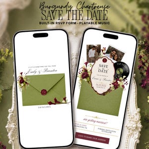 May include: Two smartphones displaying a digital wedding save the date invitation. The screens feature a green envelope with a wax seal, floral accents, photos of a couple, a vinyl record graphic, and text including "Save the Date" and "Tap to Open."