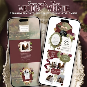 Wedding Invitation Website Canva Template, Burgundy Olive Color Palette, Swan theme, RSVP Online
