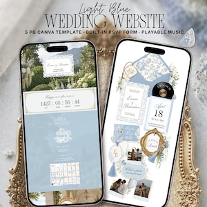 May include: Two smartphones displaying a light blue wedding website Canva template. The screens show five pages with text including Emma & Brandon, April 18, RSVP forms, a countdown timer, map, and photo sections with a playable music icon feature.