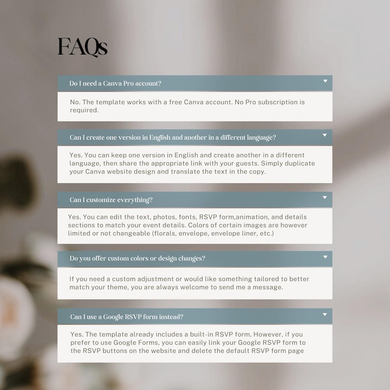 Puede incluir: Una plantilla digital de preguntas frecuentes para Canva con el t&iacute;tulo FAQs y cinco secciones plegables con encabezados azul gris&aacute;ceo. El texto aborda los requisitos de cuenta, opciones de idioma, personalizaci&oacute;n de texto y fotos, ajustes de color e integraci&oacute;n de formularios RSVP.