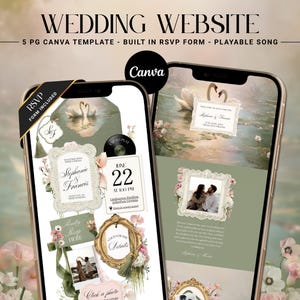 May include: A 5-page Canva wedding website template displayed on two smartphones, featuring a swan motif, floral accents, and vintage-style frames. The design includes an RSVP form, a playable song feature, and text fields for names, dates, and event details.