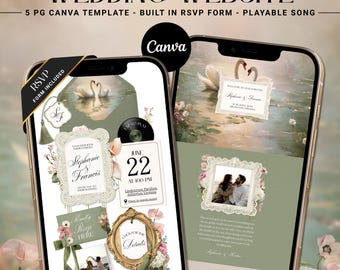 Plantilla web de boda en verde salvia y rosa pálido, conjunto de invitaciones interactivas, tema cisne vintage, plantilla de Canva.