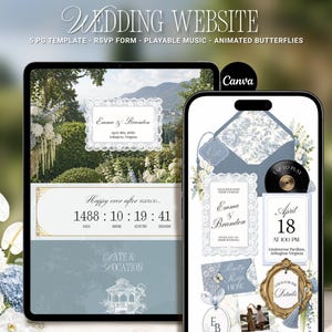 Puede incluir: Una plantilla de sitio web de bodas digital mostrada en una tableta y un tel&eacute;fono inteligente, con un dise&ntilde;o de 5 p&aacute;ginas, formulario RSVP, m&uacute;sica y mariposas animadas. El dise&ntilde;o incluye patrones florales azules, bordes de encaje y temporizadores.