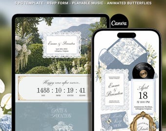 ダスティブルーの花柄ウェディングウェブサイト用Canvaテンプレート（5ページ、出欠確認、音楽再生機能付き）