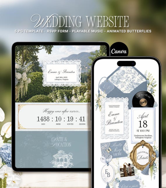 Dusty Blue Floral Wedding Website Canva Template (5 Pages, RSVP, Playable Music)