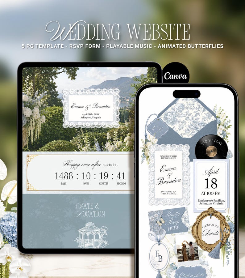 Puede incluir: Una plantilla de sitio web de bodas digital mostrada en una tableta y un tel&eacute;fono inteligente, con un dise&ntilde;o de 5 p&aacute;ginas, formulario RSVP, m&uacute;sica y mariposas animadas. El dise&ntilde;o incluye patrones florales azules, bordes de encaje y temporizadores.