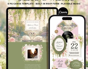 白鳥の結婚式ウェブサイトテンプレート、ピンクとグリーンのCanva招待状（出欠確認付き）、デジタルイベント招待状