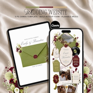 May include: A digital wedding website template displayed on a tablet and smartphone. The tablet shows a green envelope design with the names "Emily & Brandon." The smartphone features invitation details, photos, and RSVP options. The text "WEDDING WEBSITE" is at the top.