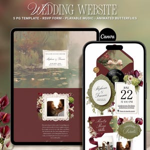 May include: A digital wedding website template displayed on a tablet and smartphone, featuring a 5-page layout, RSVP form, playable music, and animated butterflies. The design includes floral accents, swan imagery, and text for Stephanie and Francis.
