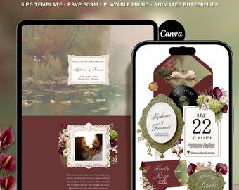 Plantilla de Canva para sitio web de invitaciones de boda, paleta de colores burdeos y oliva, tema Swan, confirmación de asistencia en línea.