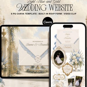 Può includere: Un modello di sito web per matrimoni per Canva visualizzato su un tablet e uno smartphone. Il design presenta accenti azzurri e dorati, una grafica a busta con bordo in pizzo, composizioni floreali, un cigno e il testo Light Blue and Gold WEDDING WEBSITE.
