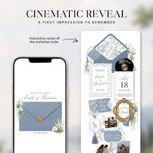 Puede incluir: Un conjunto de invitaci&oacute;n digital mostrado en dos tel&eacute;fonos inteligentes, con un sobre azul con un sello de cera dorado, patrones florales y texto que incluye "Cinematic Reveal", "Emily & Brandon", "April 18" y "Click for the Details" en una paleta de colores azul y blanco.