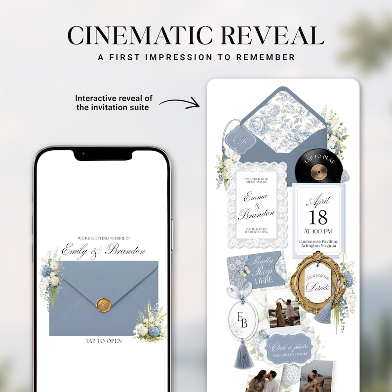Puede incluir: Un conjunto de invitaci&oacute;n digital mostrado en dos tel&eacute;fonos inteligentes, con un sobre azul con un sello de cera dorado, patrones florales y texto que incluye "Cinematic Reveal", "Emily & Brandon", "April 18" y "Click for the Details" en una paleta de colores azul y blanco.