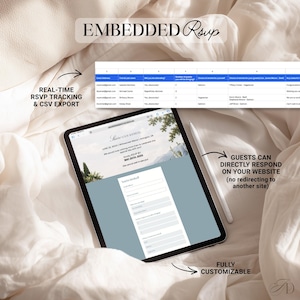 Puede incluir: Una tableta que muestra un sitio web de invitaci&oacute;n de boda digital con un formulario RSVP integrado, acompa&ntilde;ado de una hoja de c&aacute;lculo que muestra el seguimiento RSVP en tiempo real y funciones de exportaci&oacute;n CSV. La pantalla incluye texto como EMBEDDED Rsvp, REAL-TIME RSVP TRACKING & CSV EXPORT, GUESTS CAN DIRECTLY RESPOND ON YOUR WEBSITE y FULLY CUSTOMIZABLE.