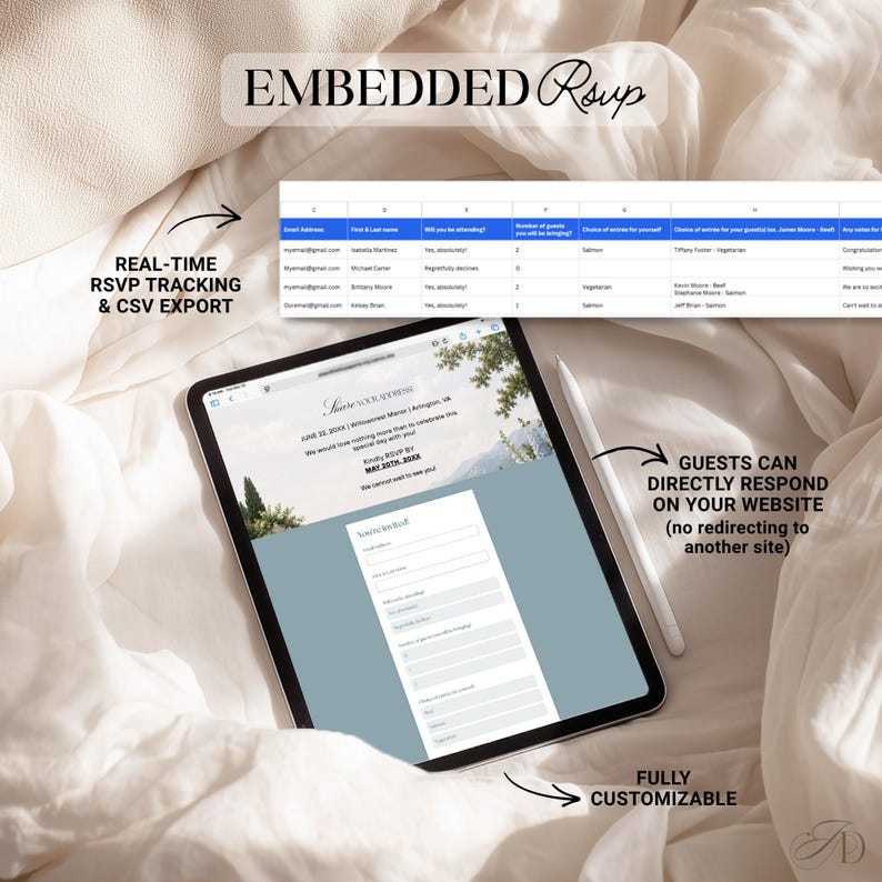 Puede incluir: Una tableta que muestra un sitio web de invitaci&oacute;n de boda digital con un formulario RSVP integrado, acompa&ntilde;ado de una hoja de c&aacute;lculo que muestra el seguimiento RSVP en tiempo real y funciones de exportaci&oacute;n CSV. La pantalla incluye texto como EMBEDDED Rsvp, REAL-TIME RSVP TRACKING & CSV EXPORT, GUESTS CAN DIRECTLY RESPOND ON YOUR WEBSITE y FULLY CUSTOMIZABLE.