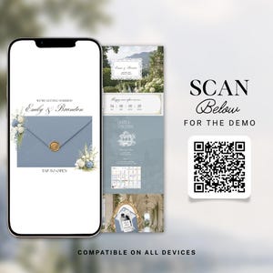 Puede incluir: Un tel&eacute;fono inteligente muestra una invitaci&oacute;n de boda digital con un sobre azul y sello de cera, junto a un c&oacute;digo QR con la etiqueta SCAN BELOW FOR THE DEMO. La pantalla muestra los nombres Emily & Brandon, flores y un temporizador.