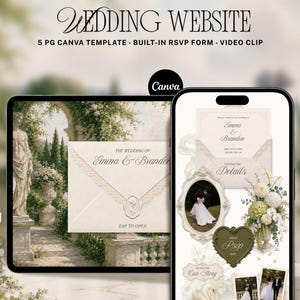 May include: A digital wedding website template for Canva displayed on a tablet and smartphone. The design features an envelope with a wax seal, floral arrangements, a swan, and photo frames. Text includes Wedding Website, 5 PG Canva Template, Built-in RSVP Form, Video Clip, Emma & Brandon, Tap to Open, Details, Our Story, and RSVP.