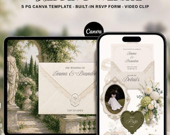 Plantilla web para bodas en Old Money Garden: Invitación en Canva en verde oliva con confirmación de asistencia.