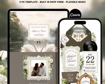 Plantilla de Canva para sitio web de bodas, conjunto de invitaciones Old Money, Expresso y blanco, tema Cisne romántico