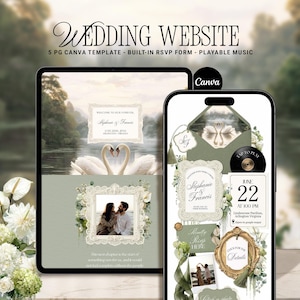 May include: A digital wedding website template displayed on a tablet and smartphone, featuring a swan motif, sage green accents, and ornate frames. The design includes text fields for names, dates, and locations, along with an RSVP form and music player icons.