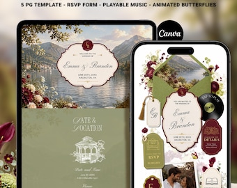 シャルトリューズ・バーガンディのウェディングウェブサイトテンプレート（Canva）｜秋の結婚式招待状セット（音楽付き）
