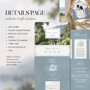 Puede incluir: Una plantilla de p&aacute;gina de detalles para invitaci&oacute;n de boda digital con tonos azul polvoriento, detalles florales y ocho secciones que incluyen bienvenida, cuenta regresiva, fecha, ubicaci&oacute;n, RSVP, informaci&oacute;n, cronograma y preguntas frecuentes.