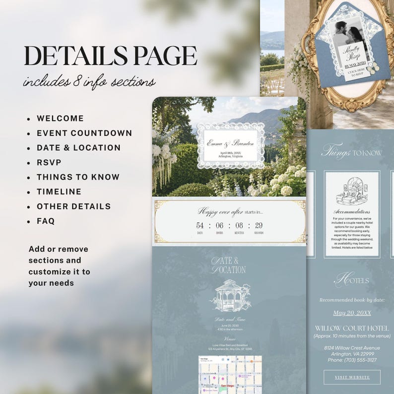 Puede incluir: Una plantilla de p&aacute;gina de detalles para invitaci&oacute;n de boda digital con tonos azul polvoriento, detalles florales y ocho secciones que incluyen bienvenida, cuenta regresiva, fecha, ubicaci&oacute;n, RSVP, informaci&oacute;n, cronograma y preguntas frecuentes.