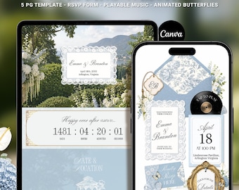 Plantilla de Canva para sitio web de bodas con diseño floral en azul claro y dorado (5 páginas, confirmación de asistencia, música reproducible)