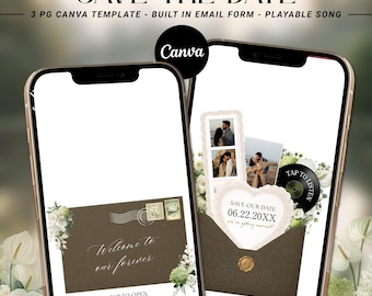 ブラウンとグリーンのセーブザデートウェブサイトテンプレート、音楽付きインタラクティブ招待状、レースハートカード