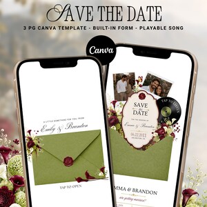 Puede incluir: Dos teléfonos inteligentes que muestran una plantilla digital de Save the Date. Las pantallas muestran un sobre verde con un sello de cera, arreglos florales, fotos de una pareja y texto que incluye Save the Date, 3 PG Canva Template y Tap to Listen.