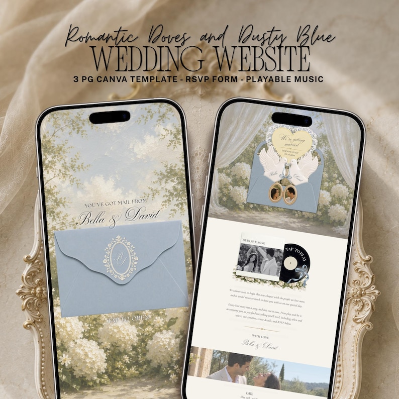 Dusty Blue Fine Art Wedding Website Template, Canva Invitation Template ...