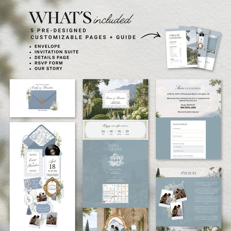 Puede incluir: Un conjunto de plantillas digitales para invitaciones de boda con cinco p&aacute;ginas personalizables que incluyen sobre, invitaci&oacute;n, p&aacute;gina de detalles, formulario de confirmaci&oacute;n y p&aacute;gina de historia. El dise&ntilde;o utiliza una paleta de colores azul polvoriento y blanco con detalles florales, marcos vintage y marcadores de posici&oacute;n para fotos.