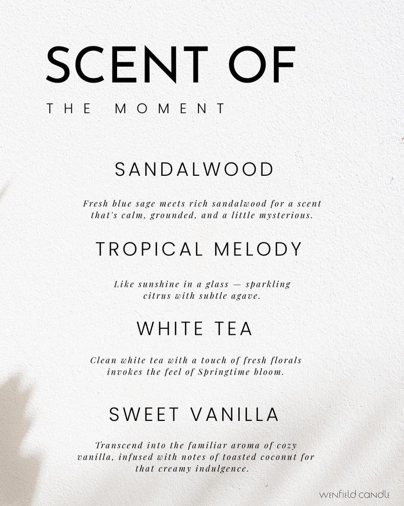 May include: A white background with the text "SCENT OF THE MOMENT." Below, four scent descriptions: Sandalwood, Tropical Melody, White Tea, and Sweet Vanilla. The descriptions include details about each scent.