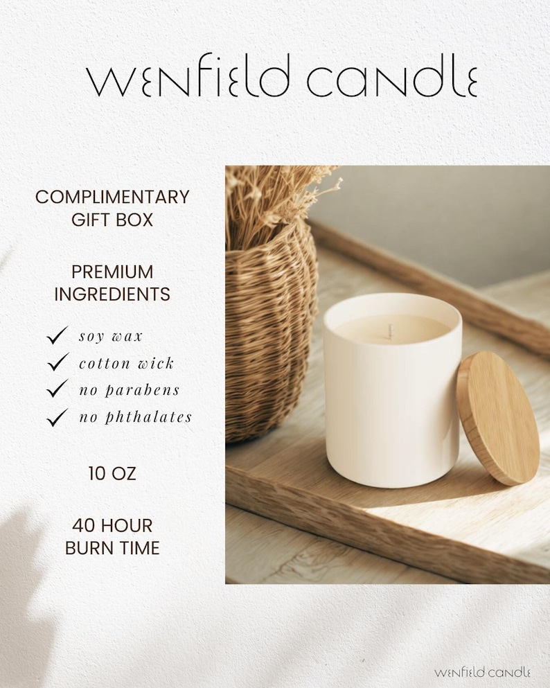 May include: A white cylindrical candle with a wooden lid, next to a woven basket with dried plants. The candle is 10 oz and has a 40-hour burn time. The text on the image says "WENFIELD CANDLE".