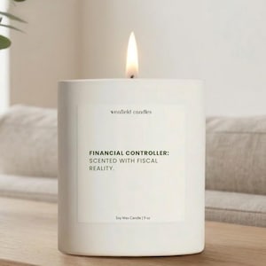 May include: A lit white soy wax candle with the text "FINANCIAL CONTROLLER: SCENTED WITH FISCAL REALITY." The candle is 9 oz and from "wenfield candles."