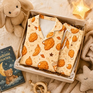 Custom Kids Pajamas with Name, Personalized Fried Chicken Toddler Sleepwear, Cute Food Pattern Pjs Set, Matching Family Pajamas