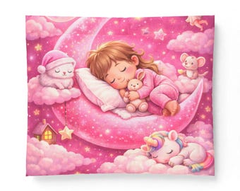 Sleeping Girl on Moon comforter | Pink Unicorn Cloud Nursery blanket