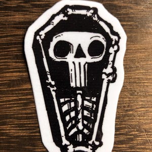 Skeleton Coffin Vinyl Sticker | Gothic Art | Hand Drawn (2" x 3.25")