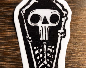 Skeleton Coffin Vinyl Sticker | Gothic Art | Hand Drawn (2" x 3.25")