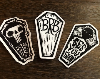 Coffin Sticker Bundle Pack: Three 2” x 3” Original Art Vinyl Stickers