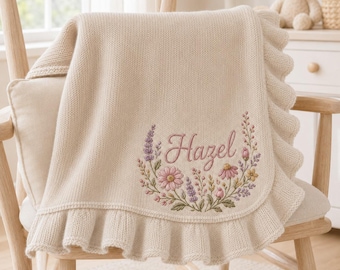 Custom Name Baby Blanket, Embroidered with Pink Daisies & Lavender Wreath, Sage Green, Soft Curved Edge Knit, Newborn Shower Gift