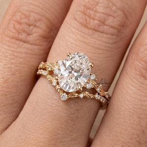 3 CT Oval Cut Moissanite Bridal Set, Nature Inspired Twisted Vine Engagement Ring, Curved Chevron Leaf Matching Band, 14K Gold Wedding Set.